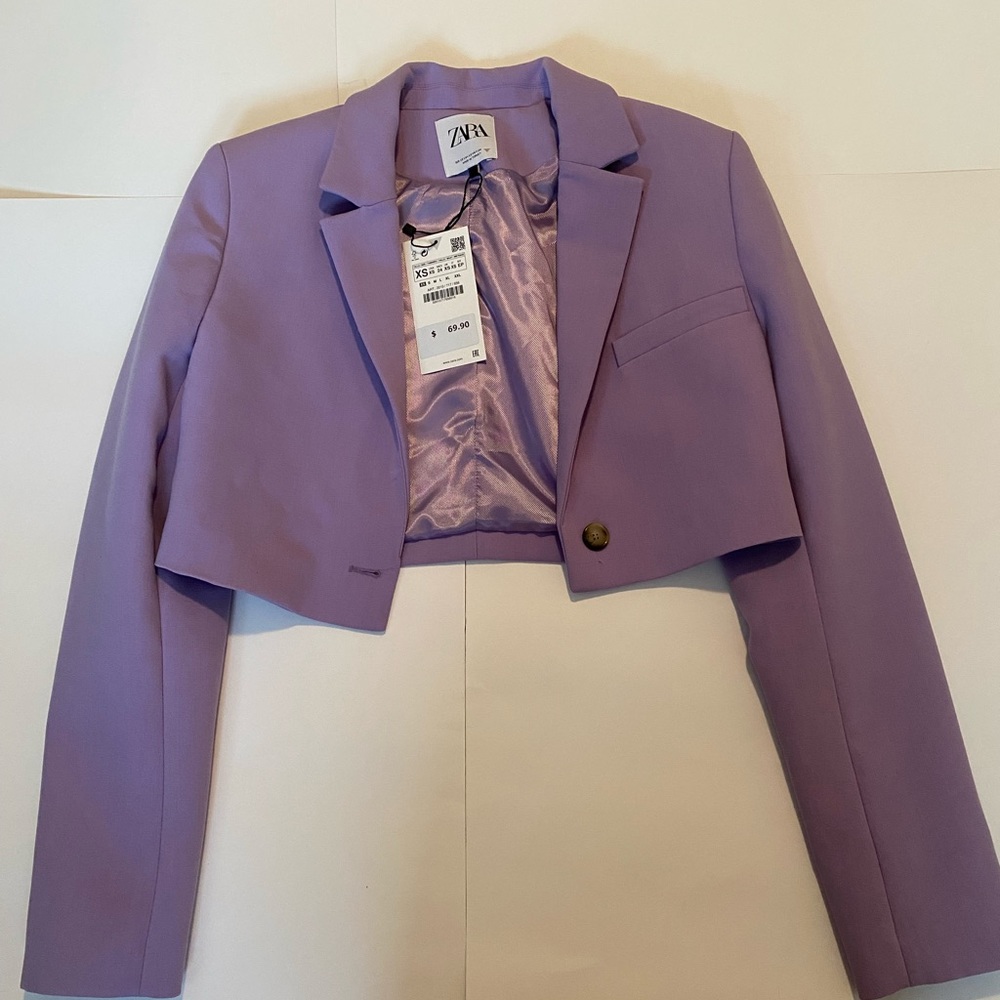 Zara Purple Cropped Jacket with Build-in Shoulder Pads and 1 Button-Size XS